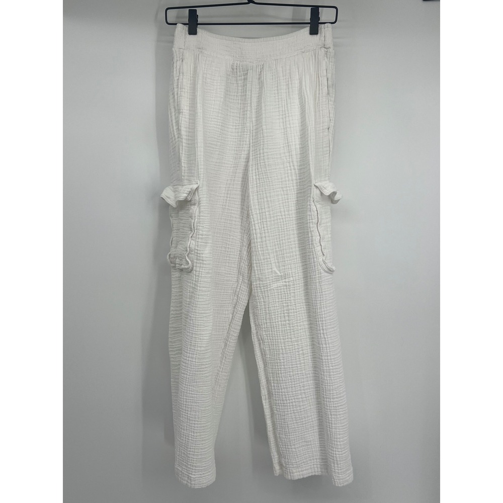 Aerie WhiteGauze Cotton Cargo Pants Elastic Waist Relaxed Wide Leg Trousers Sm - Picture 2 of 16